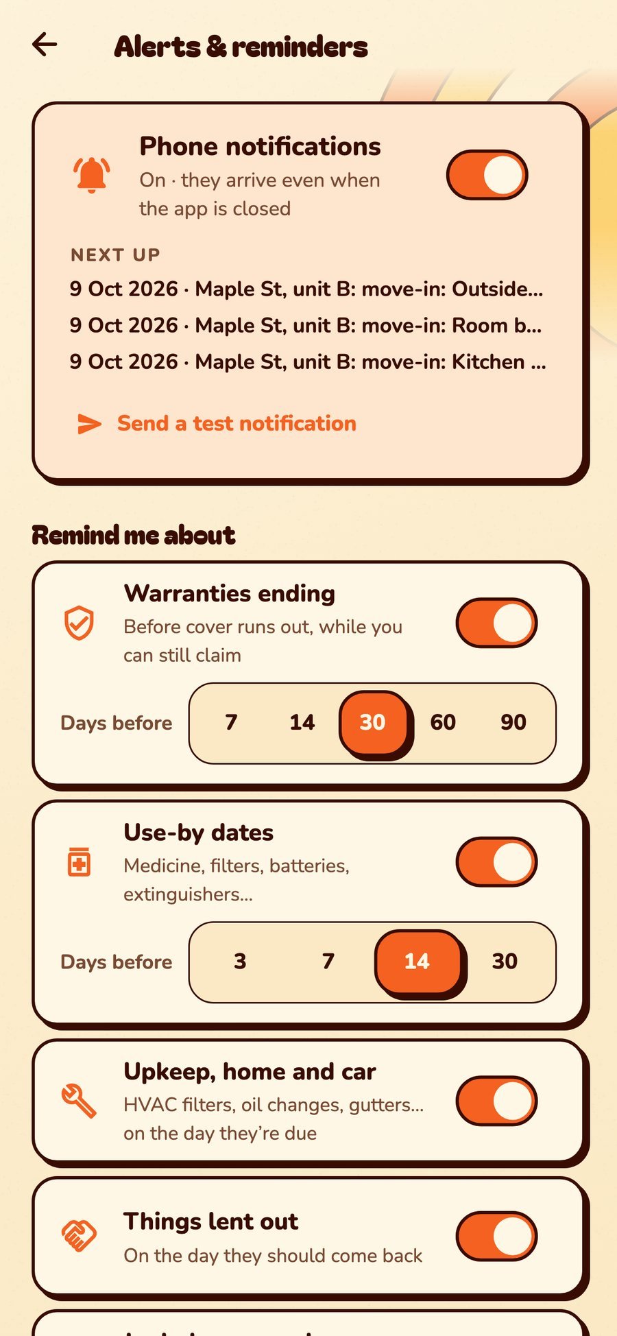 Reminders for warranties, use-by dates and upkeep