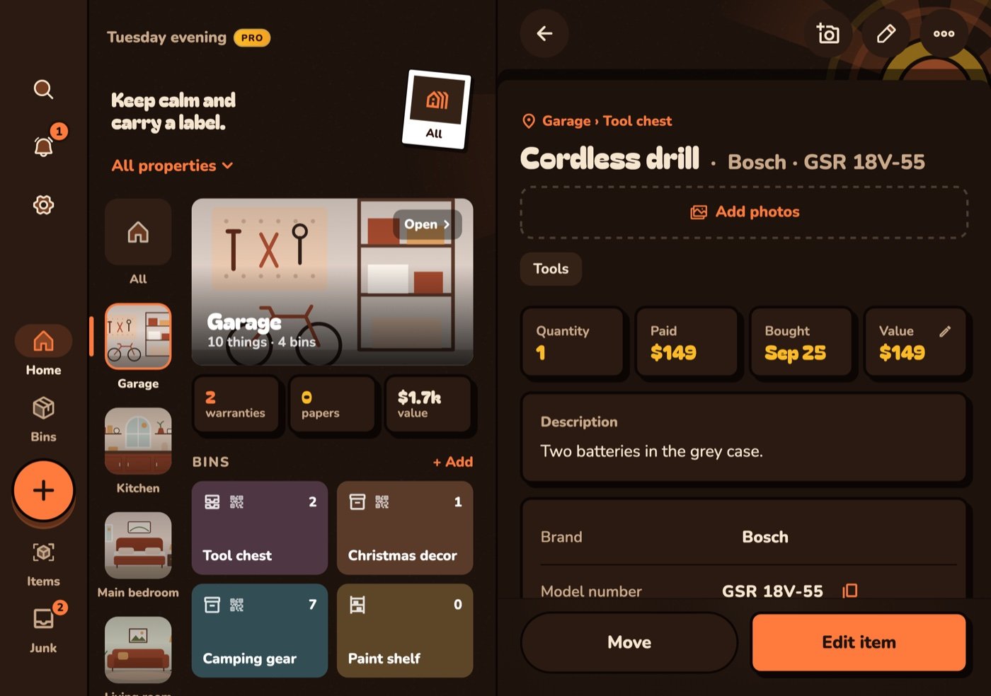 StuffSensei open on iPhone Duo: rooms on the left, a cordless drill on the right