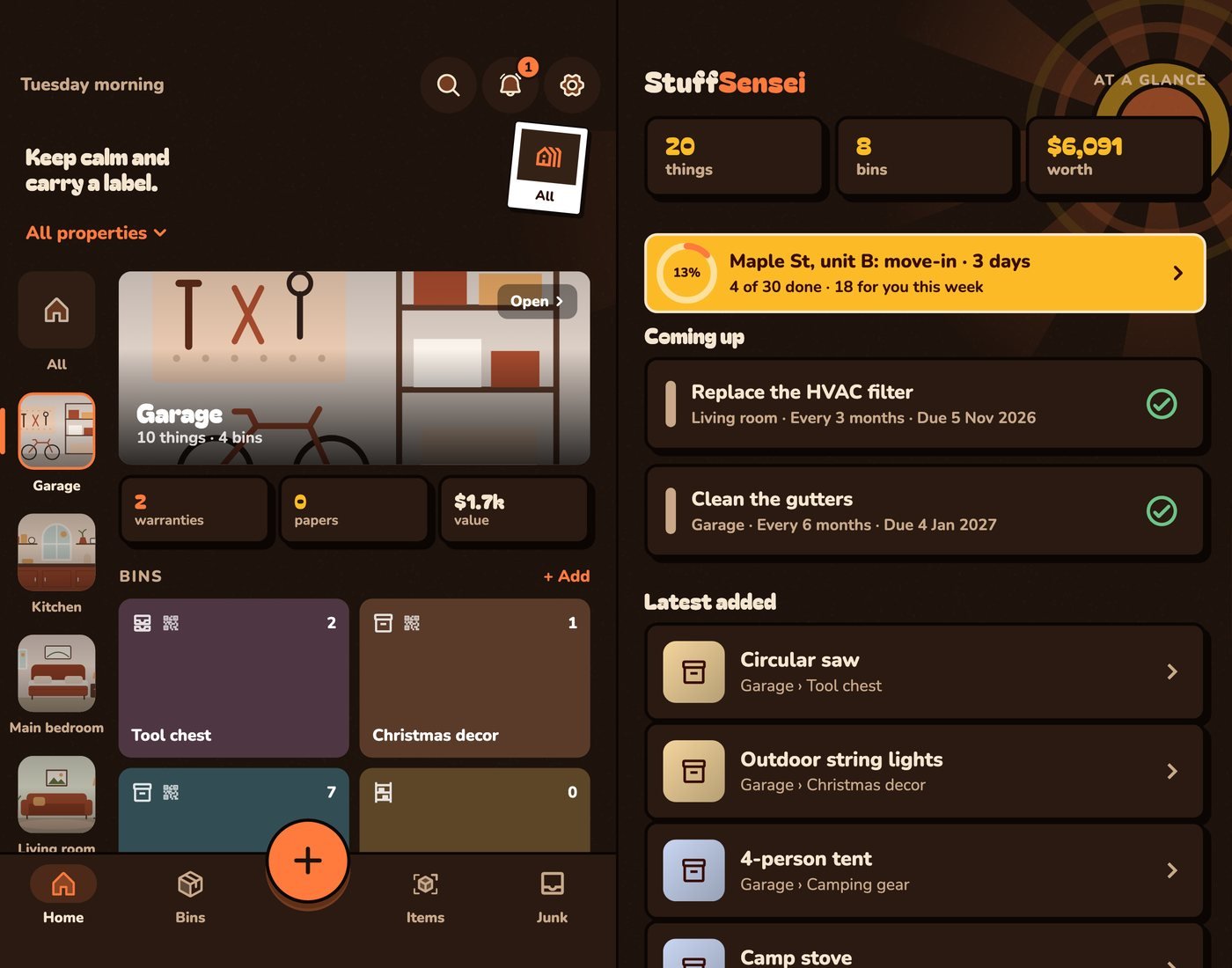 StuffSensei open on Galaxy Z Fold 8: Split rail home on the left, the home at a glance on the right