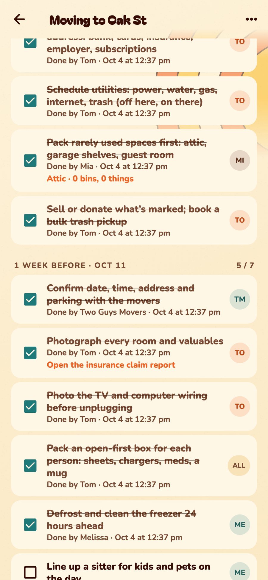 A moving checklist with tasks by phase and who is doing them