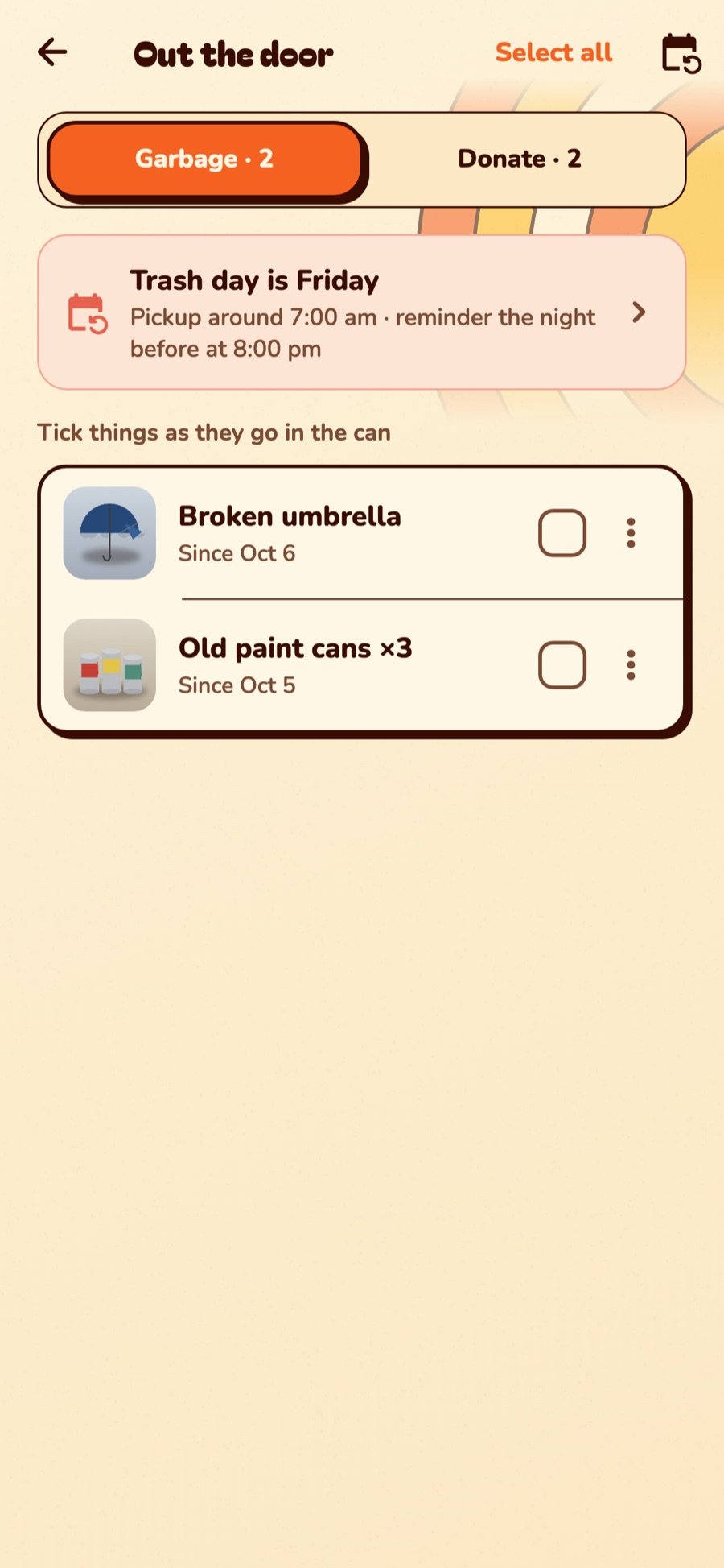Out the door: the Garbage list with trash day on Friday and two things waiting