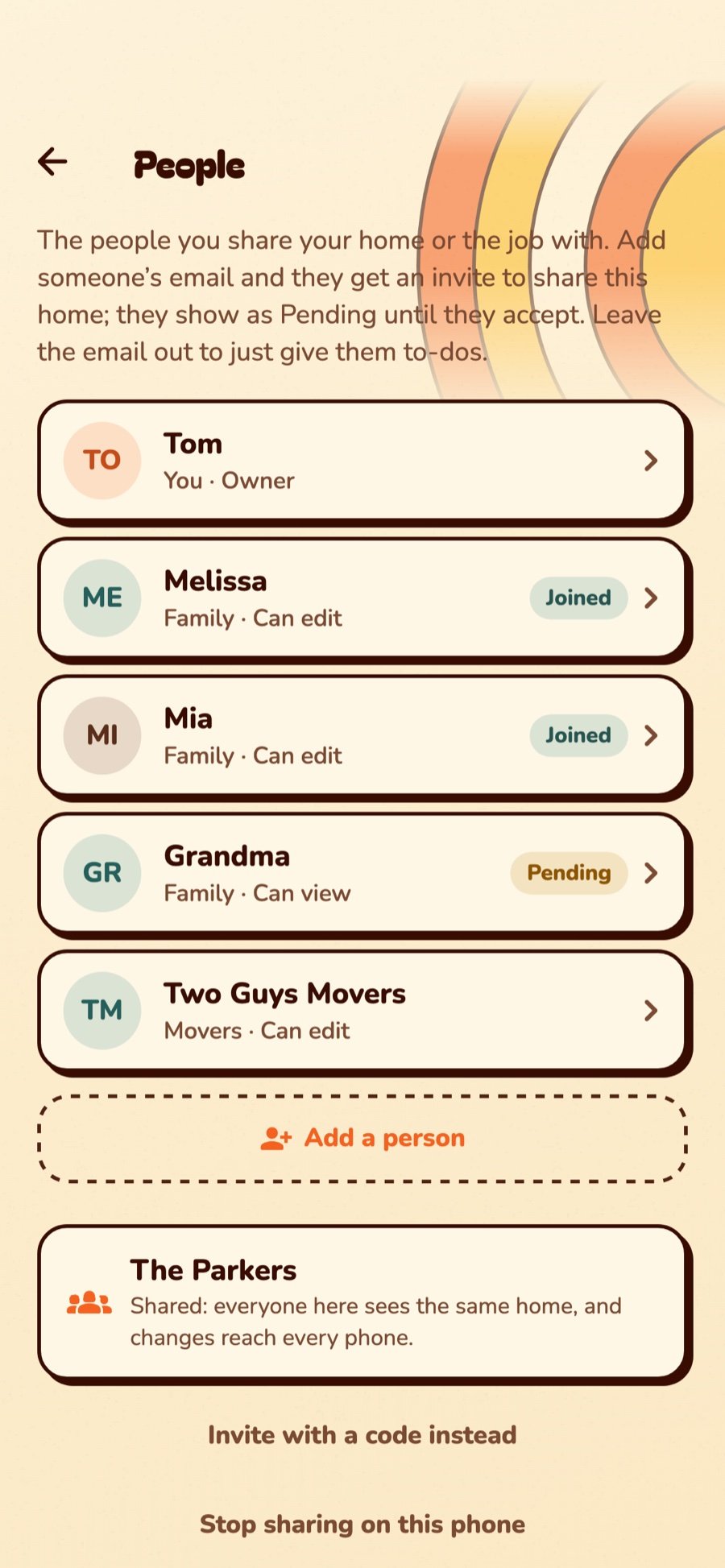 Family members sharing a home, Joined and Pending