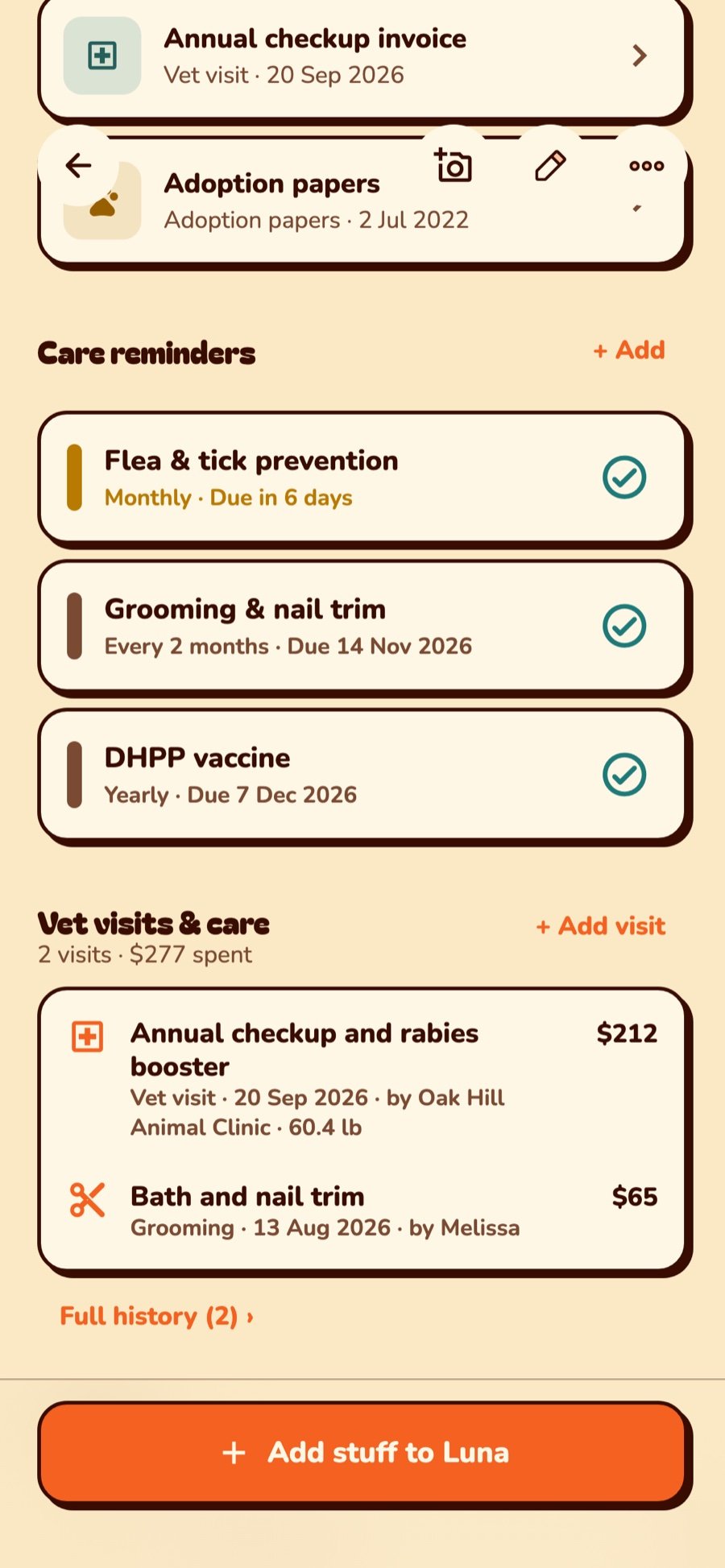 Luna’s paperwork, care reminders for flea and tick, grooming and DHPP, and her vet visits with costs