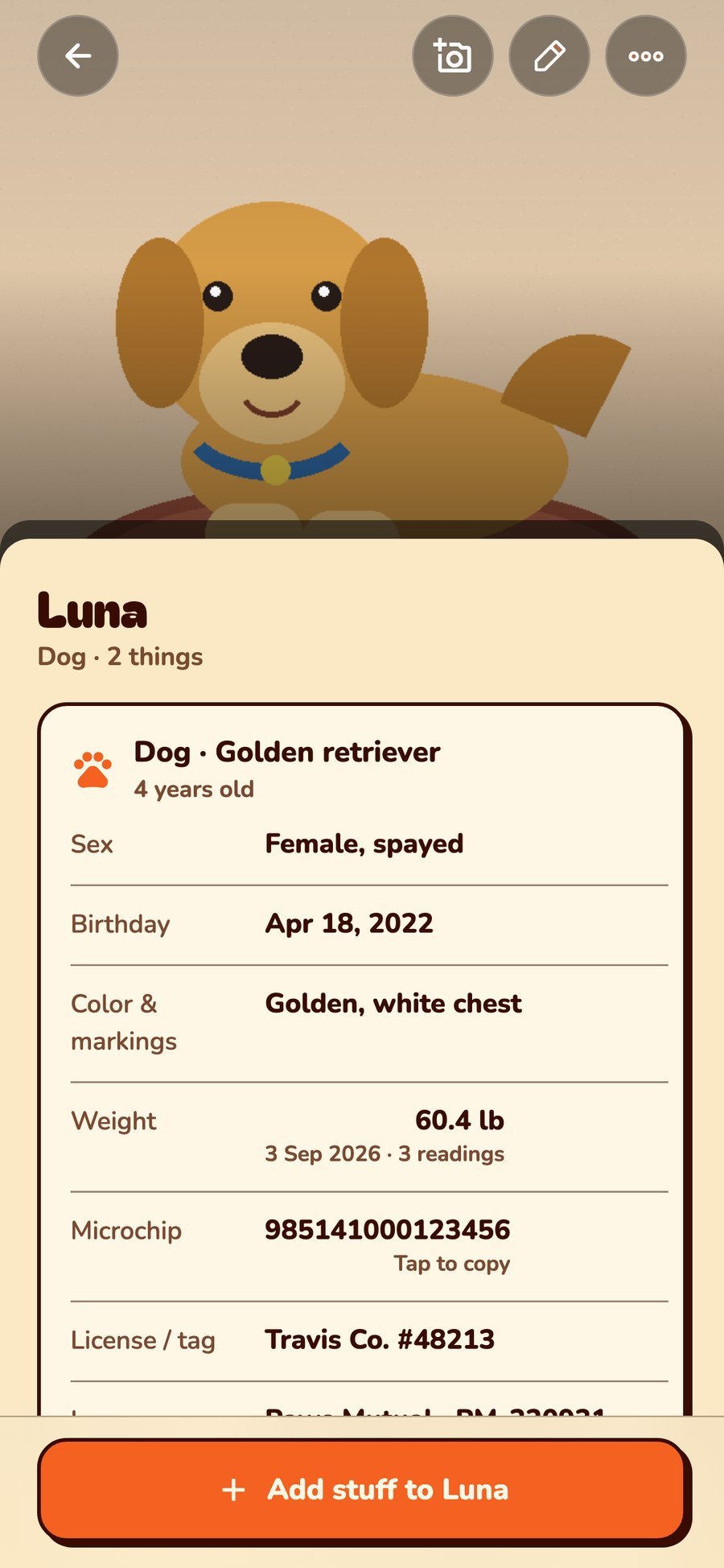 Luna the golden retriever: her profile with breed, birthday, weight, microchip and license