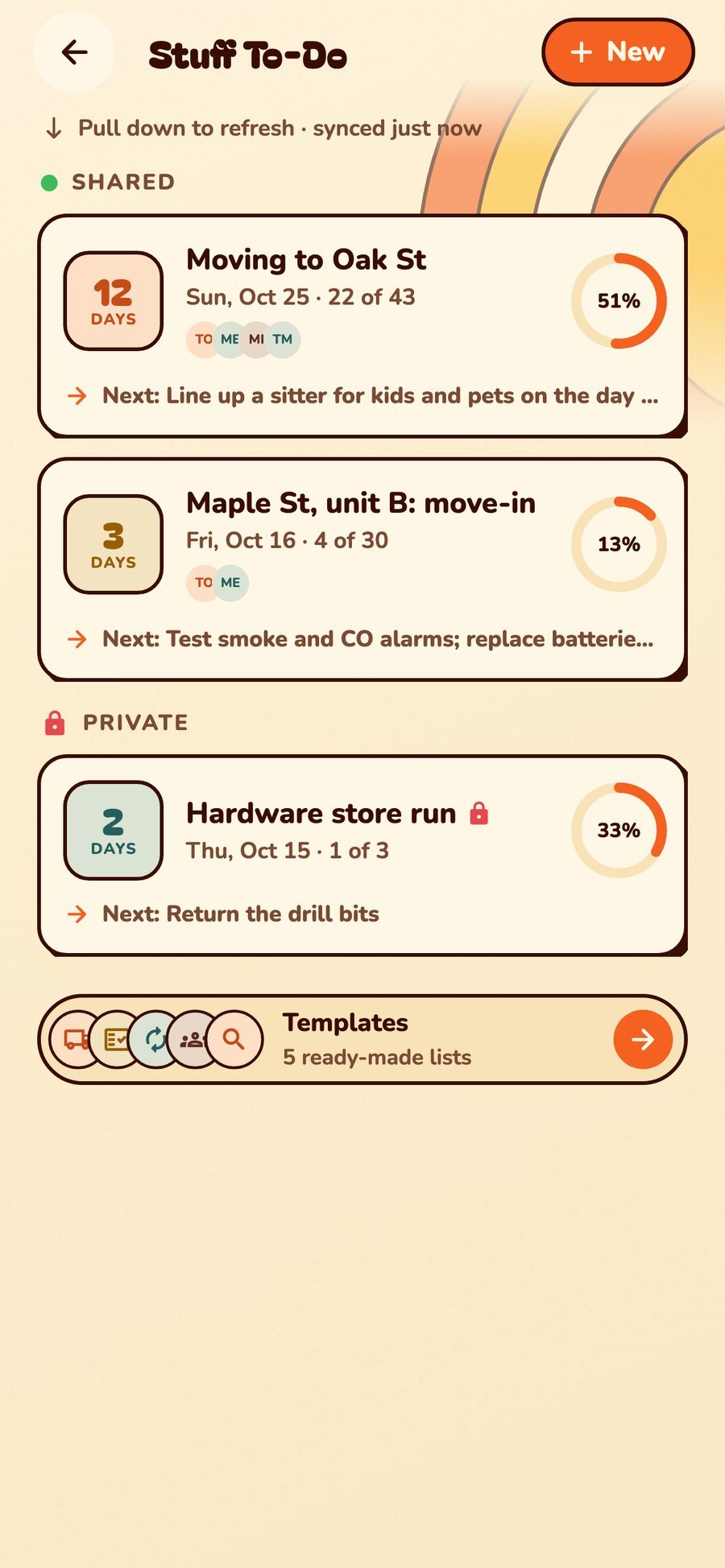 Stuff To-Do: a private list on top, shared plans below