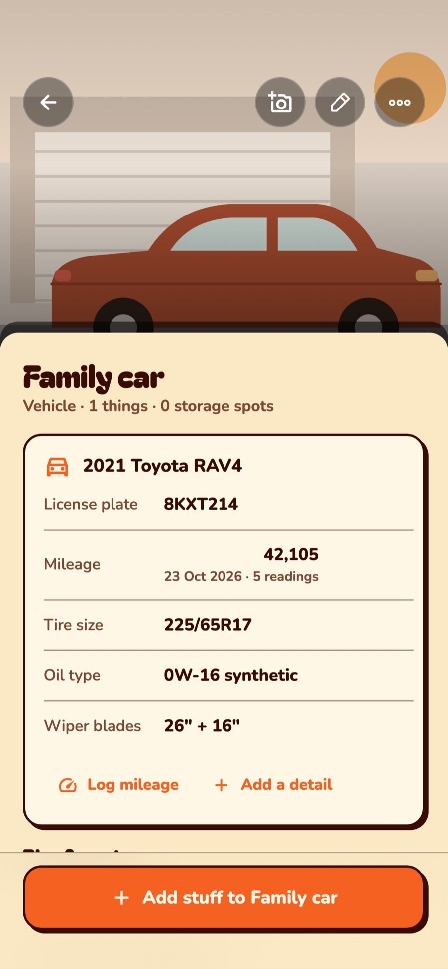 A car with its plate, mileage, tire size and oil type
