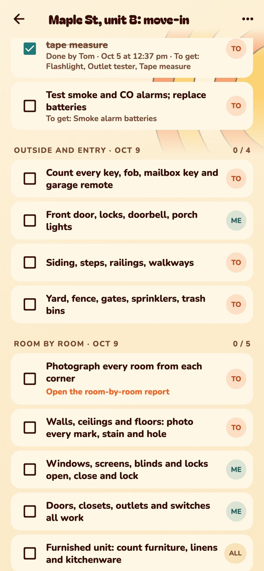 A move-in walkthrough checklist for a rental unit, room by room